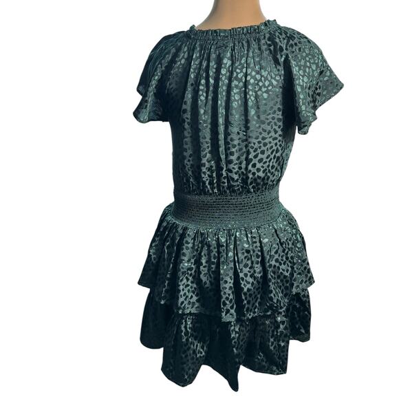 Bila 77 Mini Dress Sz. S - Satin, Forest Green, Tassle, Shirred, Tiered, NYE - Picture 2 of 4